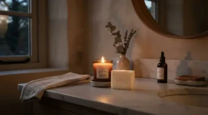 An evening skincare ritual featuring a goat milk soap bar for face relaxation by candlelight