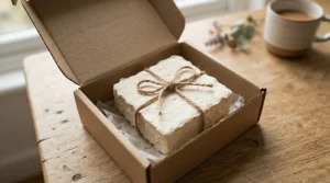 A gift set presentation including a luxury goat milk soap bar for face care tied with twine