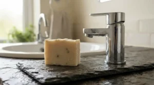 A modern sinkside setup showing a goat milk soap bar for face maintenance next to a tap