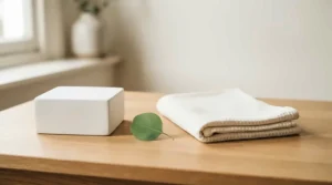 A goat milk soap bar for face regimen featured in a stylish bathroom flatlay with green plants