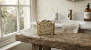 Natural goat milk soap for eczema resting on a rustic wooden soap dish in a bright British bathroom