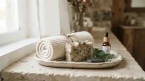 Relaxing bath time setup featuring soothing goat milk soap for eczema and a soft towel