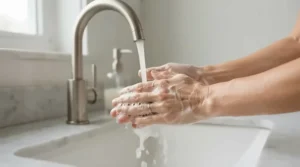 Gentle lather from goat milk soap for eczema being washed over dry hands under running water