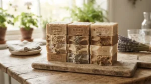 Handcrafted bars of nourishing goat milk soap for eczema stacked on a linen cloth