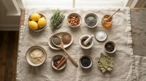 Flat lay of goat milk soap for eczema surrounded by fresh oats and wild botanicals
