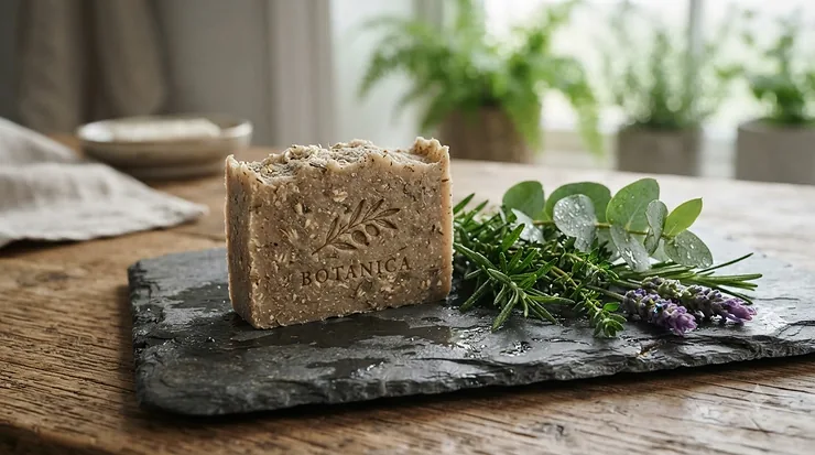 Traditional farmhouse style presentation of organic goat milk soap for eczema with herbs