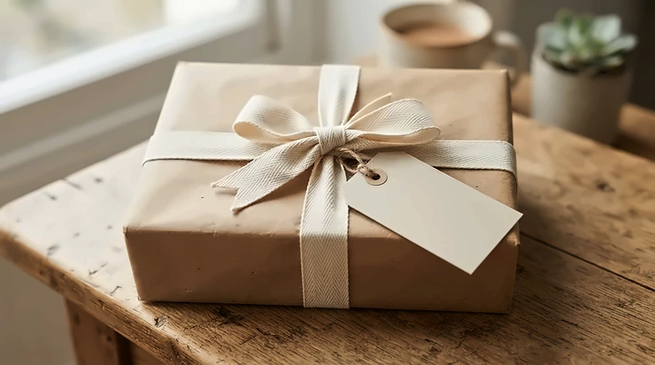 A beautifully packaged goat milk soap gift set wrapped in brown kraft paper with a bow