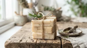 A handcrafted goat milk soap gift set tied with rustic twine on a wooden table