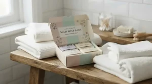 Gentle goat milk soap gift set styled next to soft cotton muslin cloths for delicate skin