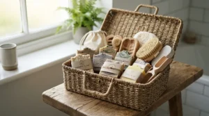 A luxury goat milk soap gift set nestled inside a traditional wicker hamper basket