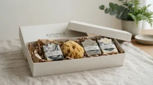 An elegant goat milk soap gift set presented in a sleek cardboard box with botanical illustration