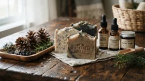 A cozy goat milk soap gift set decorated with autumn leaves and pine cones