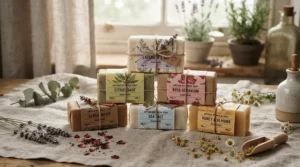 A rustic goat milk soap gift set displayed on folded linen cloth with dried lavender sprigs