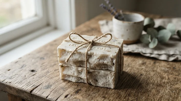 Stack of handmade goat milk soap for dry skin blocks tied with twine