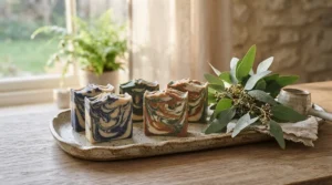 A handmade hot process soap gift set showcasing marbled cleansing bars resting on a ceramic dish.
