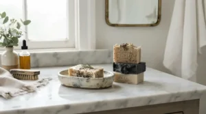 Artisanal honey beeswax soap gift set presented beside a handmade ceramic soap dish in a bathroom