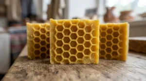 Detailed view of a honey beeswax soap gift set showing intricate honeycomb embossed soap bars