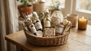 Luxury honey beeswax soap gift set arranged inside a traditional woven wicker hamper basket