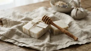 Minimalist honey beeswax soap gift set laid out carefully on a neutral washed linen cloth