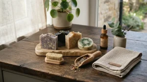 Unboxed honey beeswax soap gift set displayed on a rustic wooden table with honeycomb accents