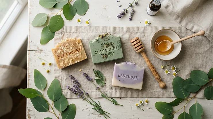 Natural honey beeswax soap gift set accompanied by a traditional wooden honey dipper and fresh flora