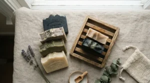 Complete honey beeswax soap gift set featuring facial and body bars with a slatted wooden soap lift
