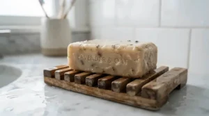 Handmade honey soap bar drying naturally on a slatted bamboo bathroom tray