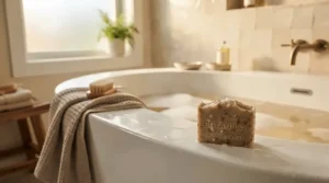 A honey soap bar for eczema on the edge of a deep bathtub with warm ambient lighting.