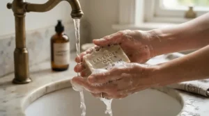 Using a honey soap bar for eczema to create a gentle lather on hands near a tiled wall.