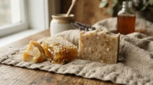 A honey soap bar for eczema surrounded by raw honeycombs and beeswax blocks on linen.