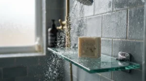 A honey soap bar for eczema sitting on a glass shower ledge with water droplets reflecting light.