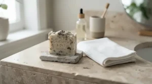A honey soap bar for eczema placed next to a soft cotton flannel as part of a daily skincare routine.