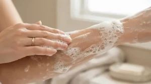 Rich lather from a honey soap bar for eczema being applied gently to dry skin care.