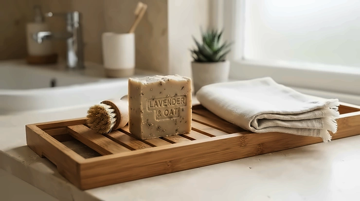 A honey soap bar for eczema arranged neatly on a bamboo wellness tray with a small hand towel.