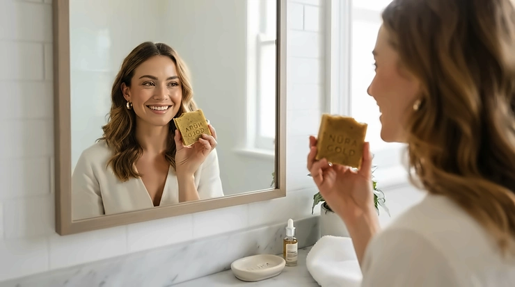 A nourishing honey soap bar used for a gentle morning facial cleansing routine