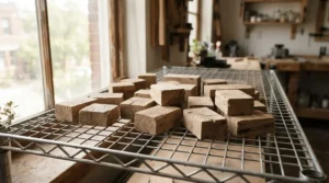 A freshly cooked batch of hot process soap for sensitive skin cooling on a wire rack in a country kitchen.