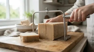 A rustic artisan loaf of hot process soap for sensitive skin being cut into individual bars with a wire cutter.