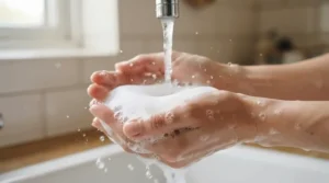 A rich, creamy lather of hot process soap for sensitive skin on clean hands under running water.