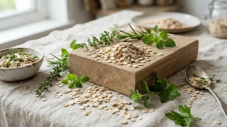 Organic oats and soothing botanicals scattered around a bar of hot process soap for sensitive skin.