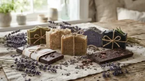 A luxury hot process soap gift set featuring lavender sprigs and natural exfoliating bars.