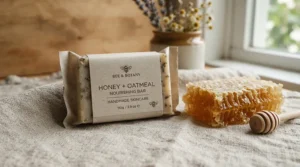 A boxed manuka honey soap bar displayed with fresh honeycomb for a gift