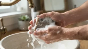 Rich lather from a manuka honey soap bar being washed under running water
