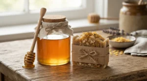 Raw honey and botanicals next to a crafted manuka honey soap bar