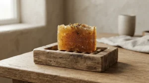 An active manuka honey soap bar placed on a rustic wooden soap holder