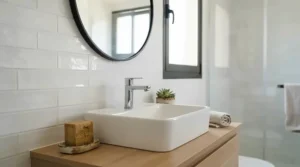 Natural antibacterial honey soap bar placed by a washbasin for daily hand washing