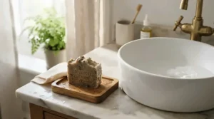 Natural goat milk soap bar resting on a wooden rack in a British bathroom