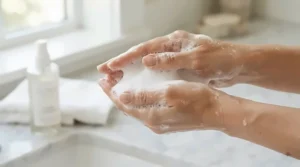 Rich creamy lather from natural goat milk soap for dry skin on hands