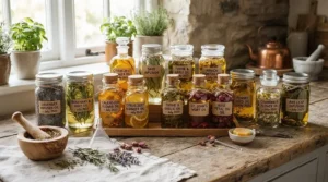 Natural oils and lye solution prepared for making hot process soap for sensitive skin on a farmhouse table