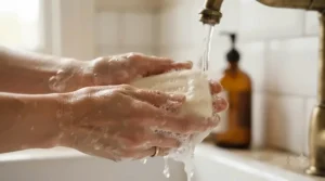 Rich lather forming from a nourishing goat milk soap bar being washed under running water