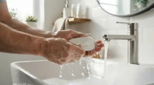 Rich, creamy lather of goat milk soap for dry skin being rinsed under running tap water